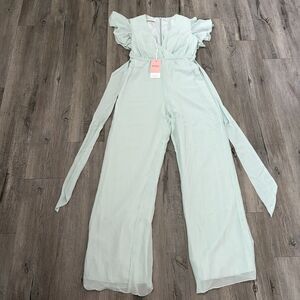Jumpsuit JJ'S House Sage Green Size 6 V-Neck Wide Leg Tie Formal Flutter Sleeve